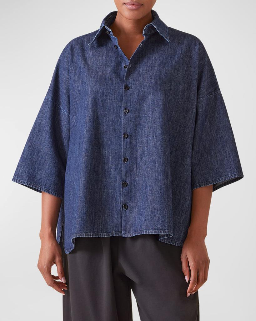Eskandar Sloped Shoulder Wide A-Line Denim Shirt
