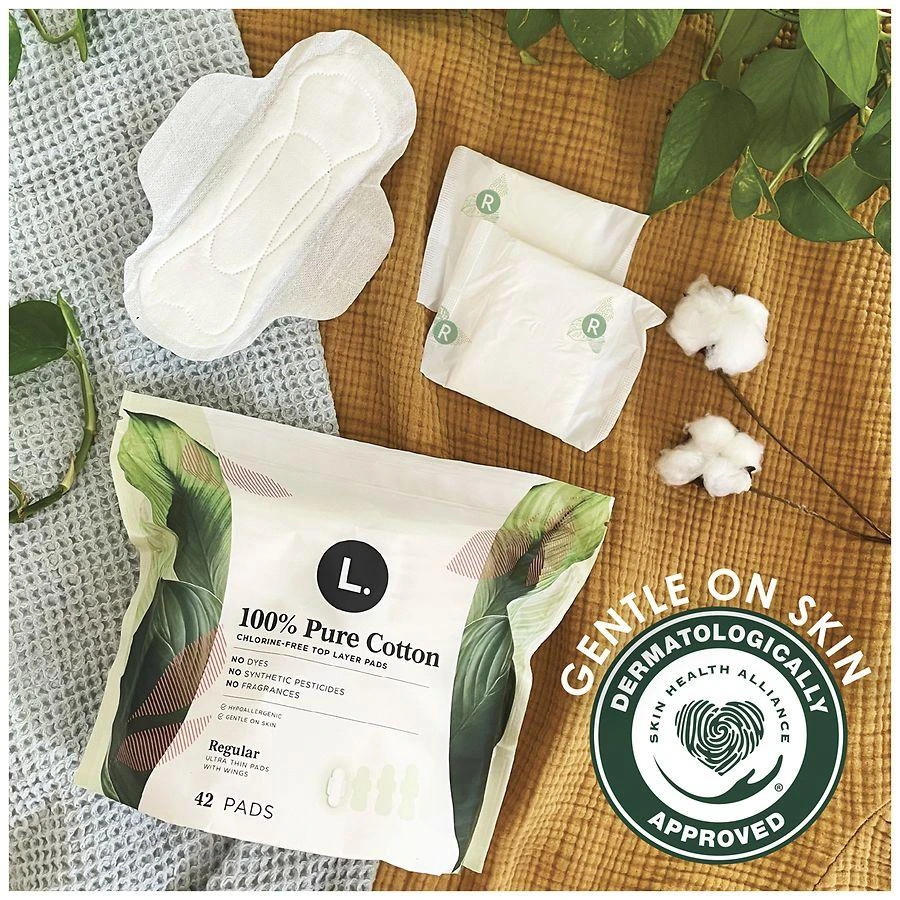 L. Ultra Thin Pads, 100% Pure Cotton Top Layer, with Wings Overnight Absorbency No Scent, Extra Long 5
