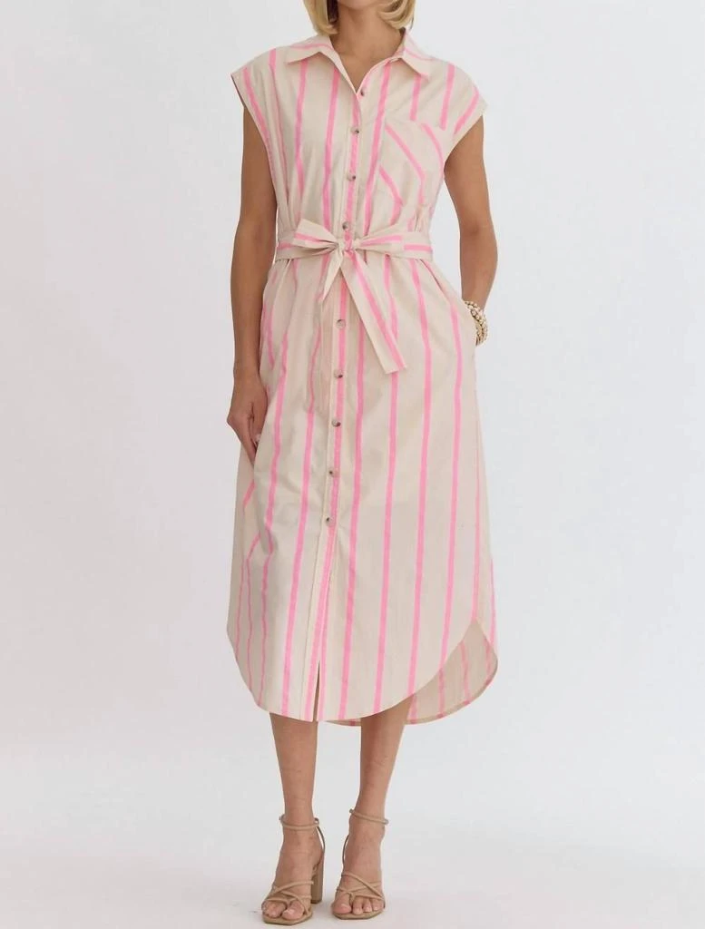 entro Striped Button Up Midi Dress In Pink 1