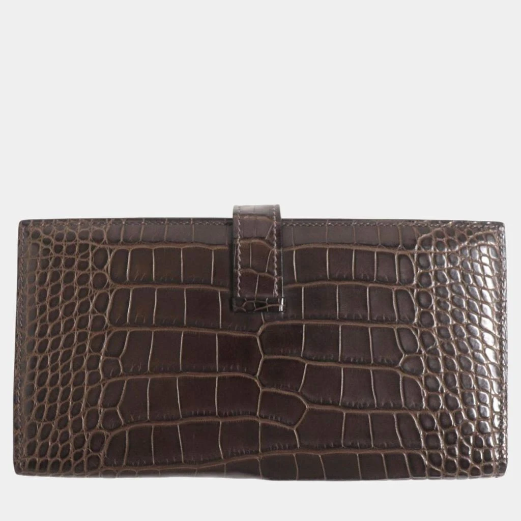 Hermes Hermes Bearn Alligator Leather Bi-fold Wallet Brown Leather 4