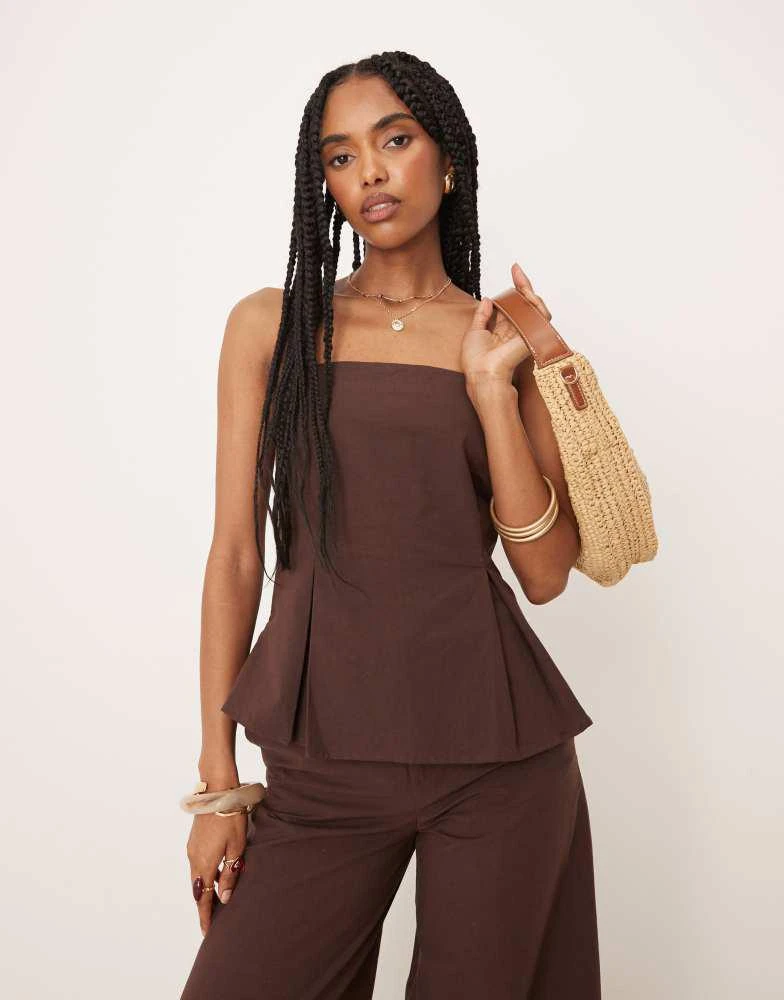 ASOS ASOS DESIGN linen blend cinch waist bandeau top in chocolate 1