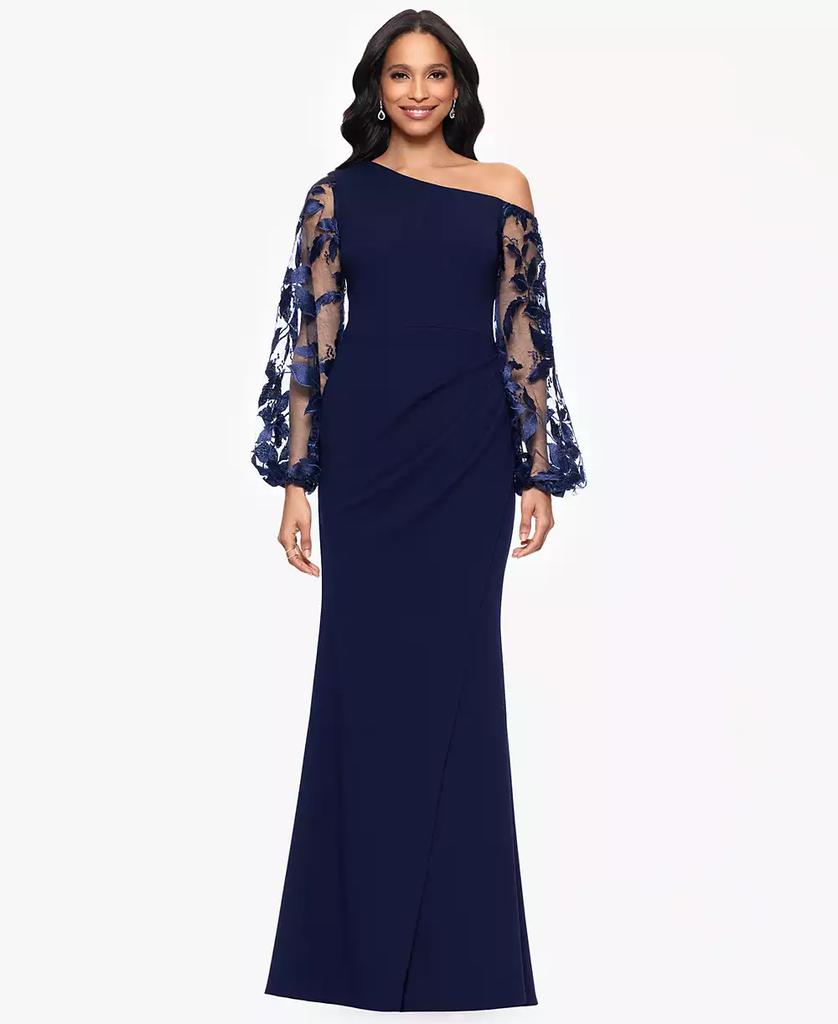 Betsy & Adam Petites Scuba Crepe Asymmetrical-Neck Long Dress
