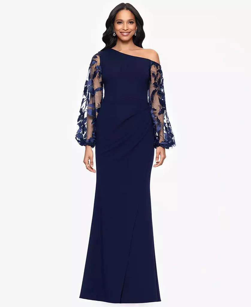 Betsy & Adam Petites Scuba Crepe Asymmetrical-Neck Long Dress 1