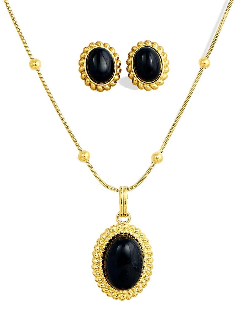 Savvy Cie Jewels GOLD PLATED BALL NECKLACE WITH BLACK ONYX PENDANT AND MATCHING EARRINGS