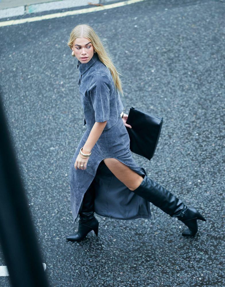 ASOS DESIGN ASOS DESIGN real suede maxi skirt with high curved split in charcoal grey
