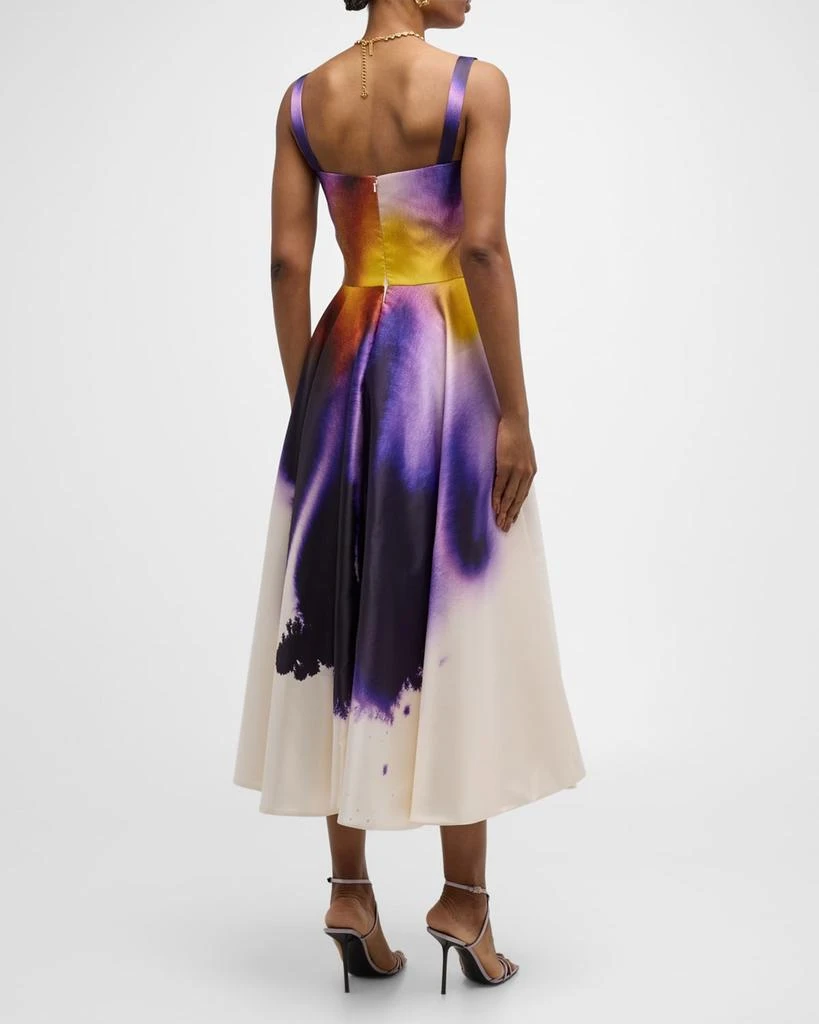 Oscar de la Renta Long Abstract Orchid Satin Fit-Flare Dress 4