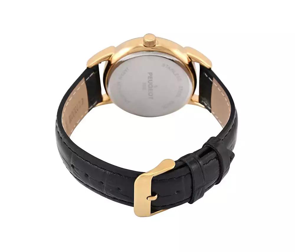 Peugeot Men's 40mm Vintage Black Dial Sun Moon Black Leather Strap Watch