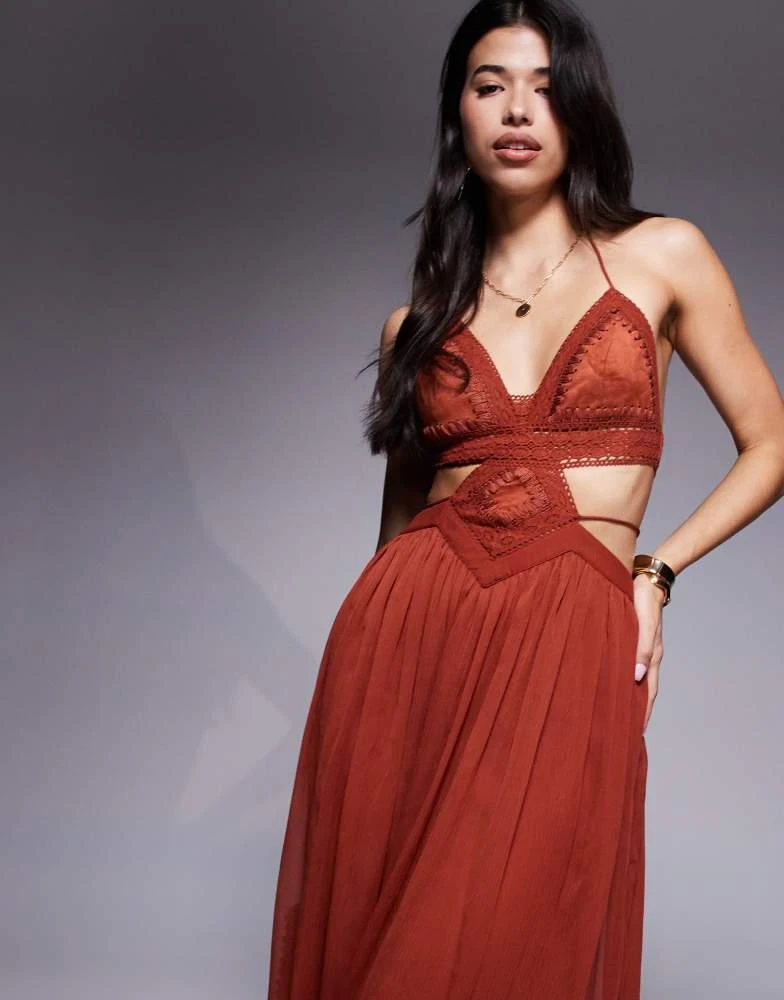 ASOS ASOS DESIGN crochet and faux suede bust tiered maxi dress with cut out in rust 4