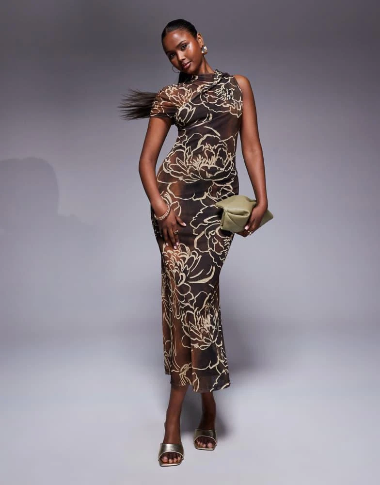 ASOS DESIGN mesh midi dress with wrap neckline and asymmetric sleeve in  tonal brown floral print  On Sale Now with Up to 10% Off | Discover  Exclusive Deals & Savings at