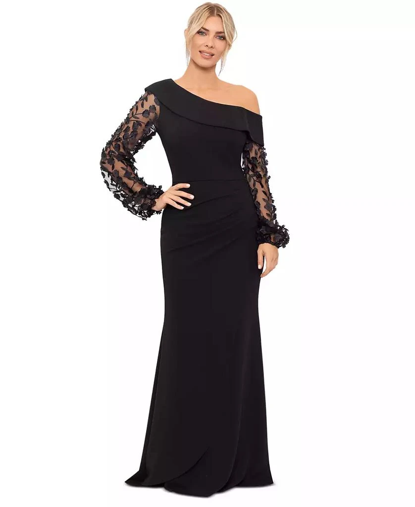 XSCAPE Women's Off-The-Shoulder Floral-Sleeve Scuba Crepe Gown 1