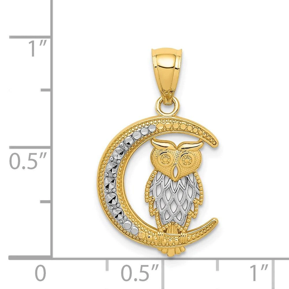 Diamond2Deal 14k Yellow Gold and White Rhodium Diamond-cut Owl on the Moon Pendant 4