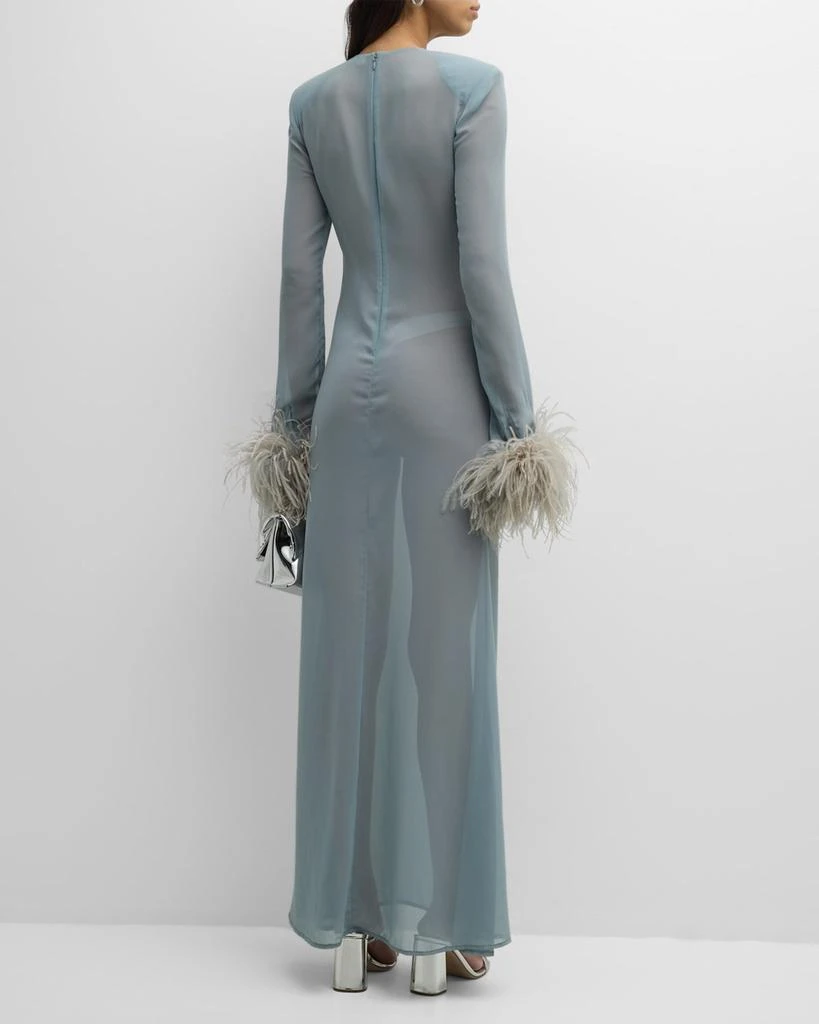 LAPOINTE Feather-Cuff Long-Sleeve Strong-Shoulder Sheer Georgette Maxi Dress 6
