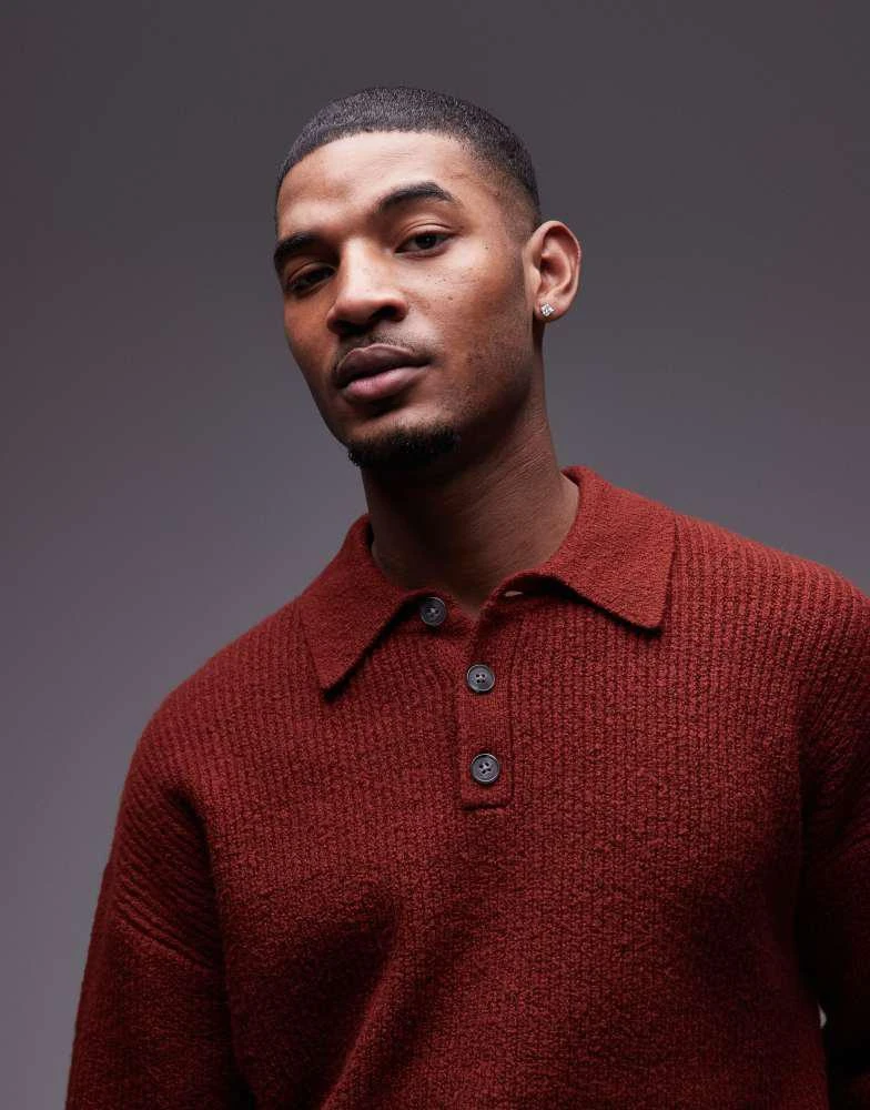 Topman Topman relaxed fit compact knit polo jumper in dark red 3