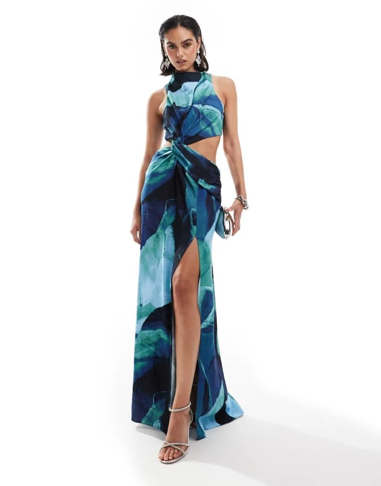 ASOS ASOS DESIGN racer neck maxi dress with twist waist detail in blue abstract print 3