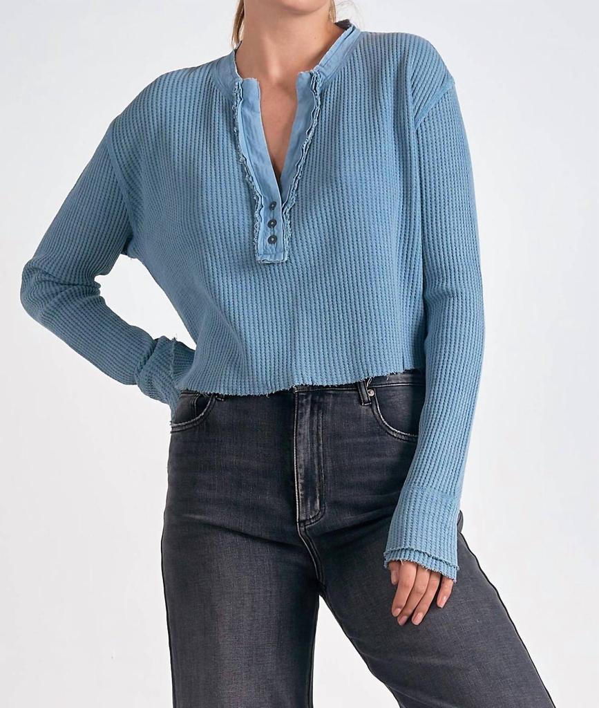 Elan Waffle Henley Top In Blue