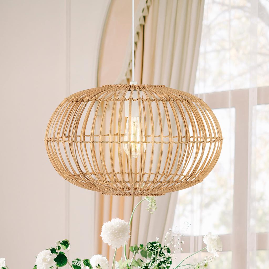 JONATHAN Y Leo 17.5" 1-Light Farmhouse Coastal Rattan 180" Cord Plug-In or Hardwired LED Pendant