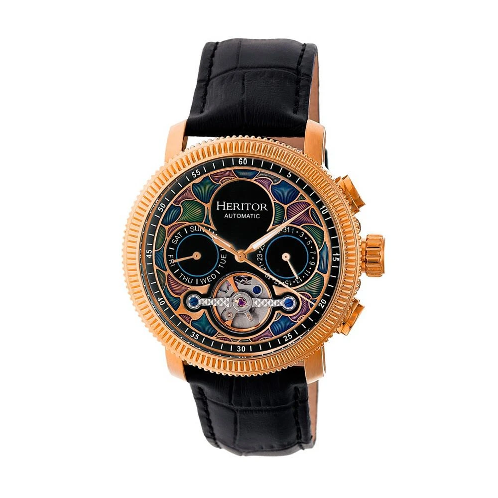 Heritor Automatic Aura Rose Gold & Black Leather Watches 44mm 1