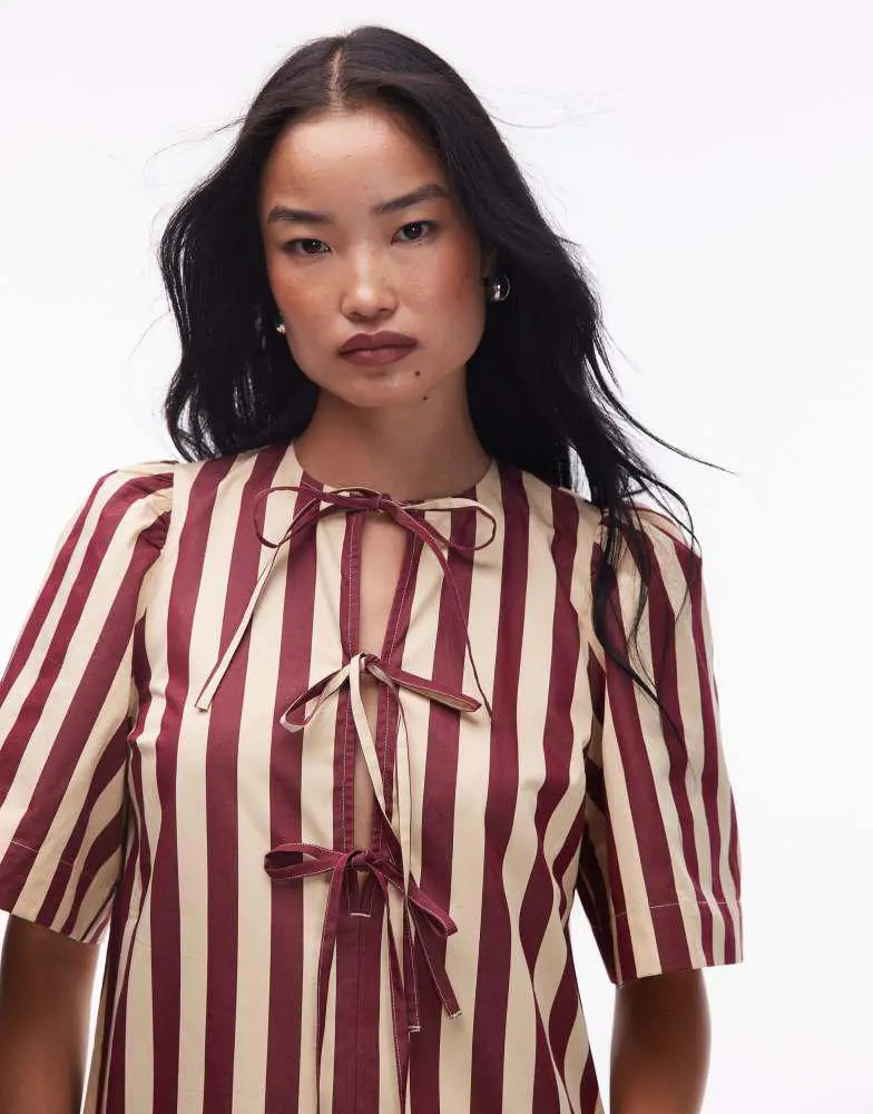 & Other Stories & Other Stories mini dress with drop waist and tie front in stripes 4