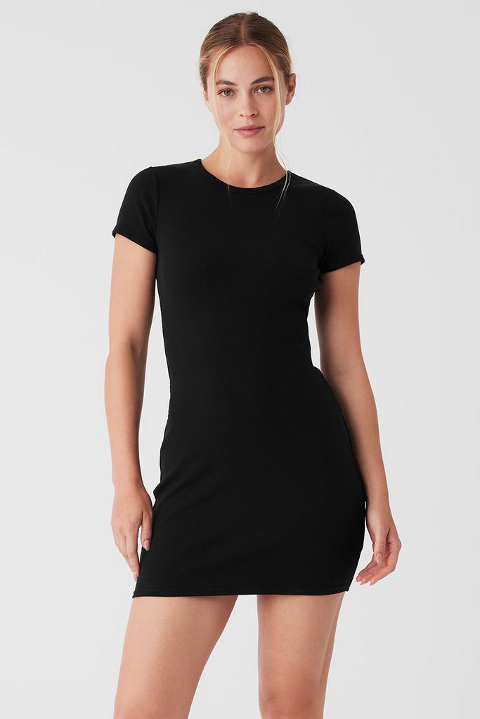 Alo Goddess Ribbed Short Sleeve Dress - Black