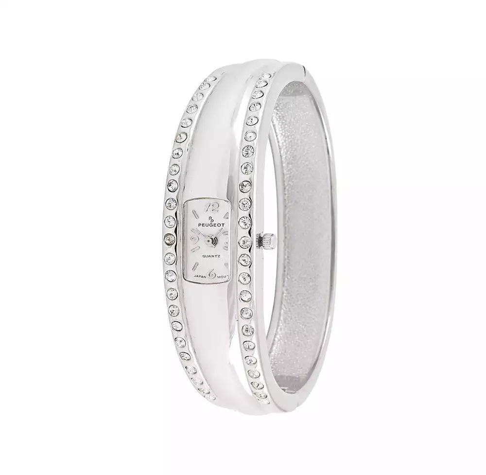 Peugeot Women's Silver-Tone Crystal Accented Cuff Bangle Fashion Watch