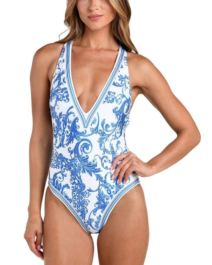 L'Agence Lisa Baroque Plunge Neck One Piece Swimsuit 1