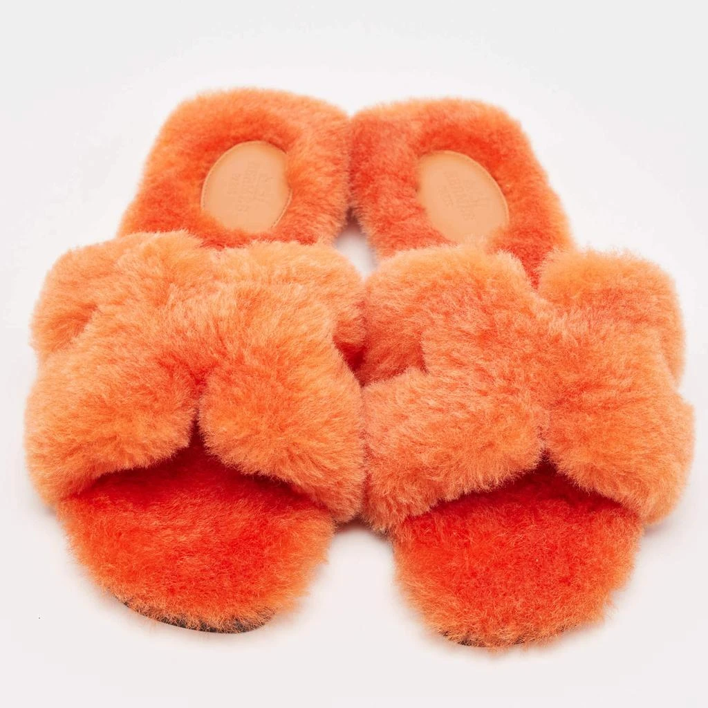 Hermes Hermes Orange Shearling Fur Oran Flat Slides Size 37.5 3