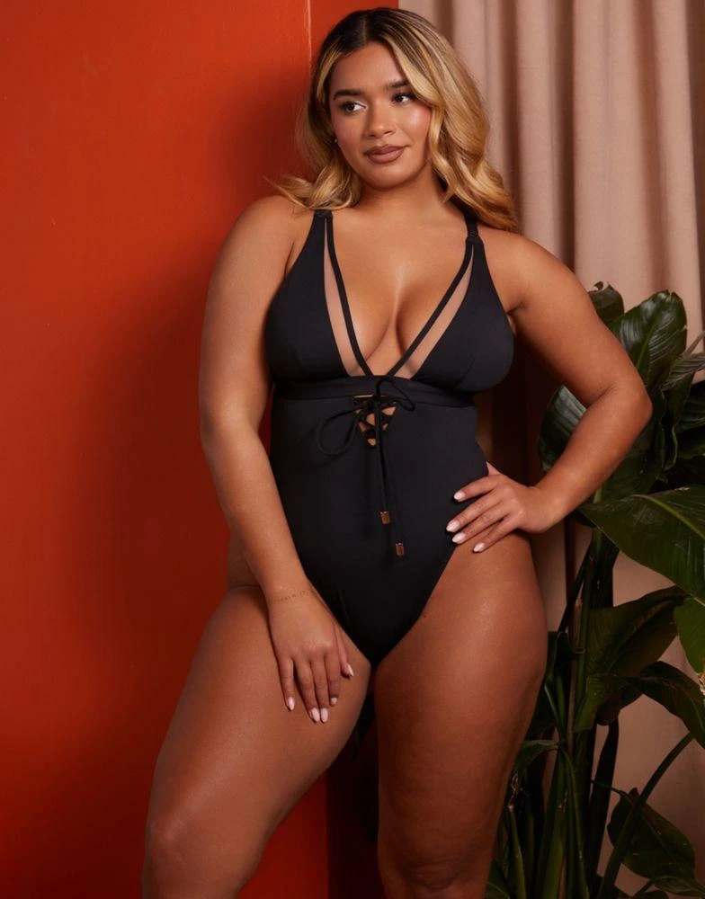 Wolf & Whistle Wolf & Whistle X Natalie Gessey Fuller Bust plunge swimsuit in black with mesh and tie details 4