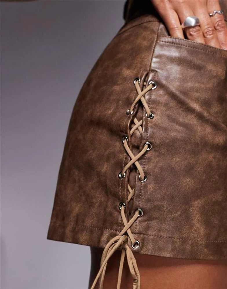 Princess Polly Princess Polly leather look lace up detail mini skirt in washed brown 3