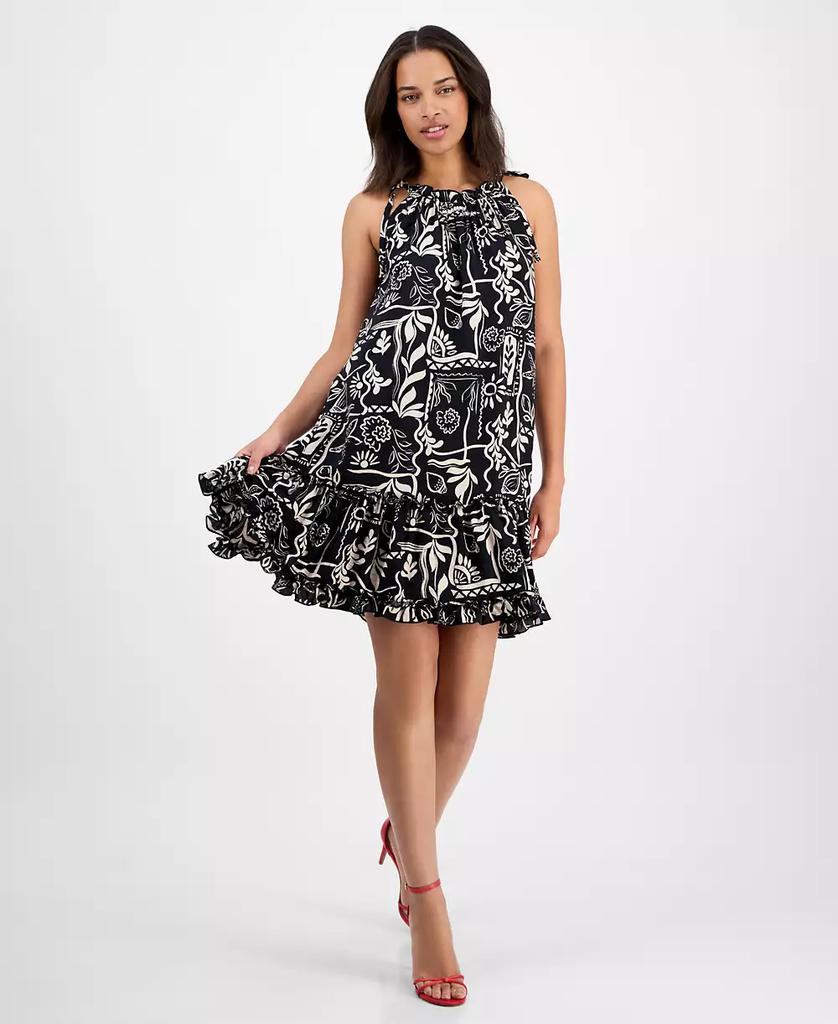 Robbie Bee Women's Printed Ruffle-Neck Sleeveless Mini Dress