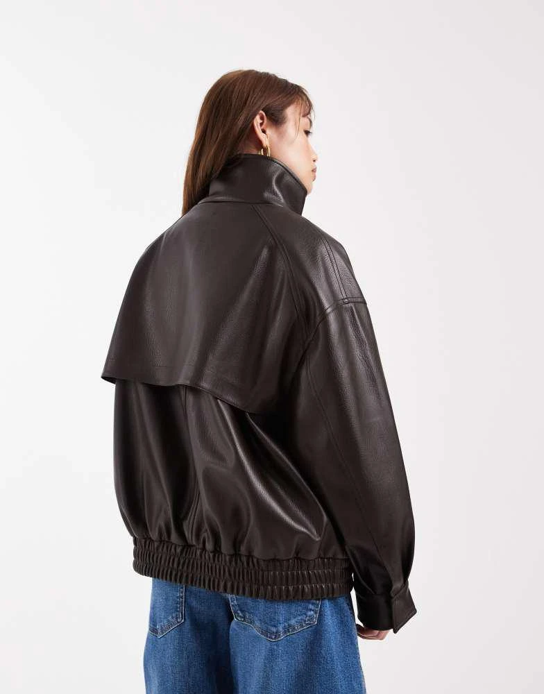 ASOS ASOS DESIGN Petite oversized leather look funnel bomber jacket in chocolate 3