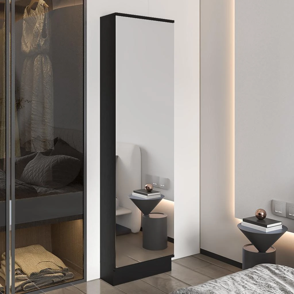 Streamdale Furniture Streamdale Cassidy Rectangle Tall Shoe Cabinet With Mirror Black Wengue