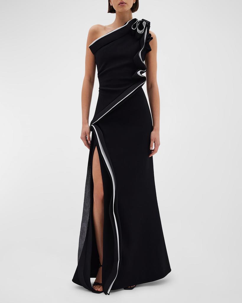 RACHEL GILBERT Wilder Two-Tone Ruffle One-Shoulder Slit Gown