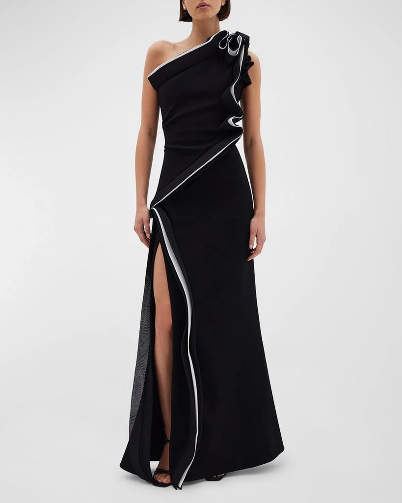 RACHEL GILBERT Wilder Two-Tone Ruffle One-Shoulder Slit Gown 1