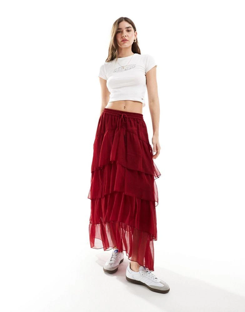 Shop Miss Selfridge chiffon tiered maxi skirt in red on Sale at