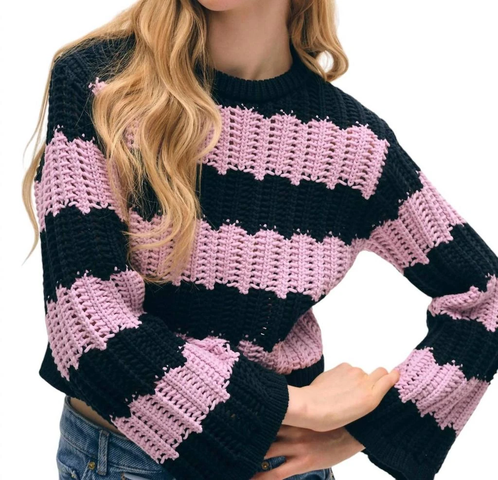 White + Warren Cotton Rope Bell Sleeve Crewneck Sweater In Purple Combo 2