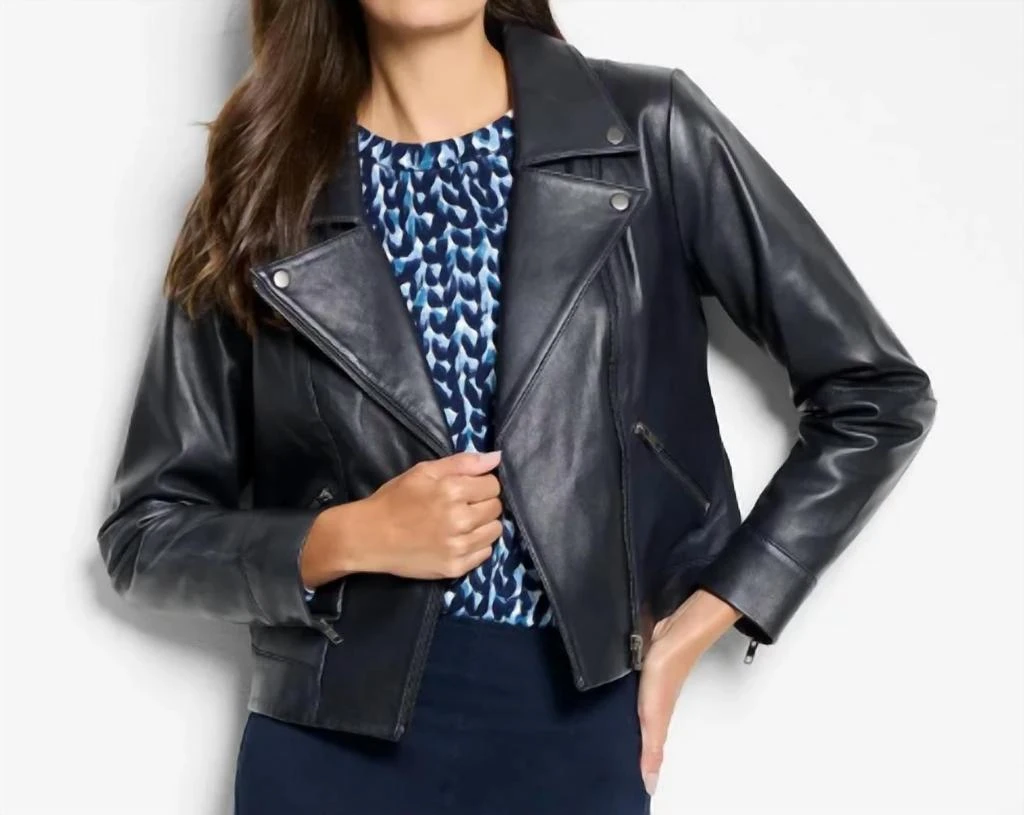 NIC+ZOE Genuine Leather Biker Jacket In Navy