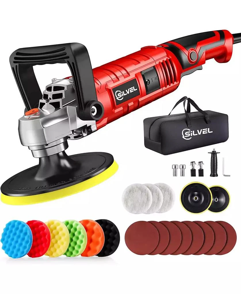 SILVEL Buffer Polisher, 1600W 7 Inch/6 Inch Polisher for Car Detailing, Wax Machine, 7 Variable Speed, with 6 Foam Pads, 3 Wool Pads, Packaging Bag, for Boat Polishing and Waxing