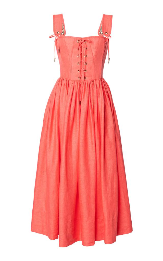Lena Hoschek Lena Hoschek - Giuseppina Linen Corset Midi Dress - Coral - L - Moda Operandi