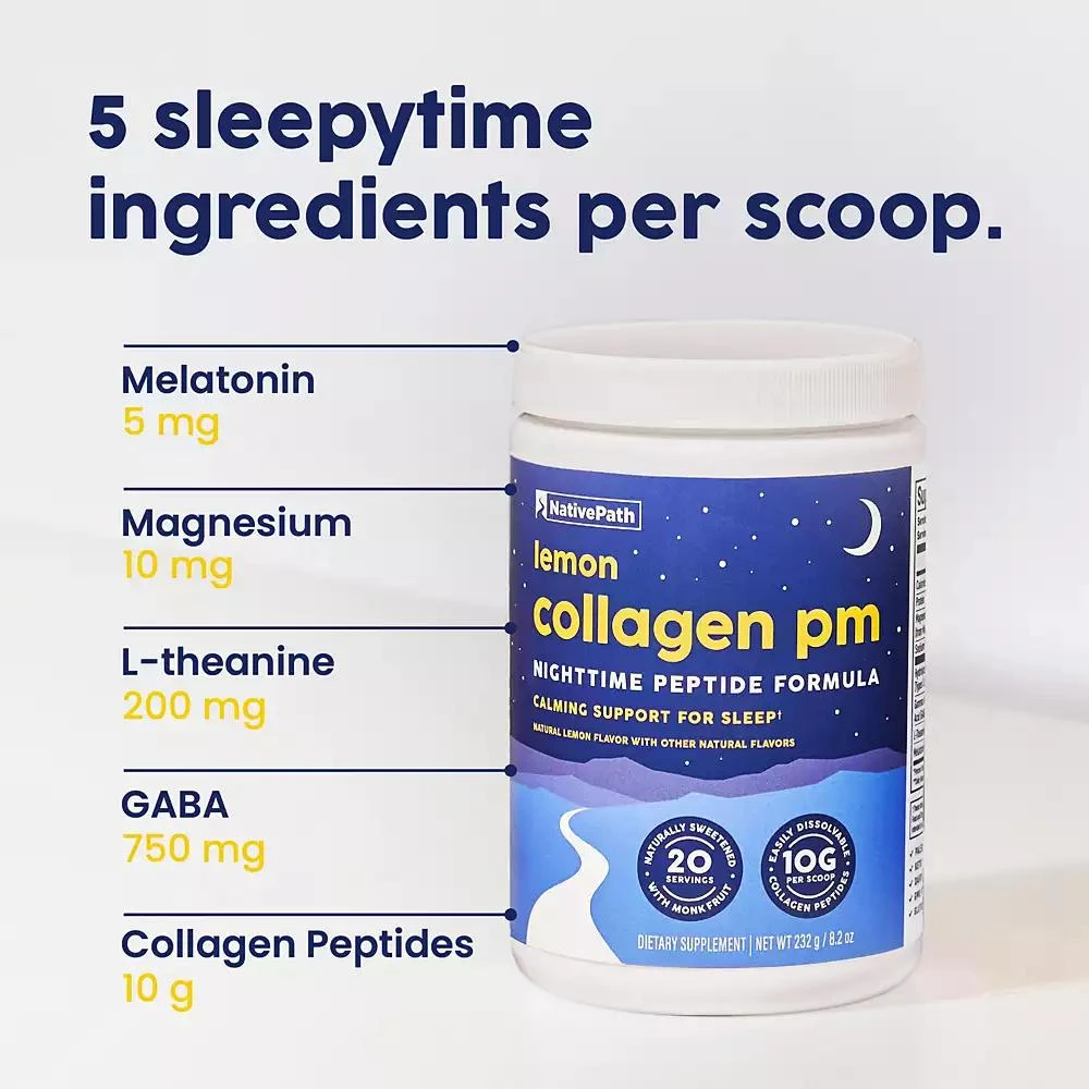 NativePath Collagen PM - Lemon Nighttime Collagen Peptides Powder with Magnesium, GABA, L-Theanine and Melatonin - 20 Servings 4