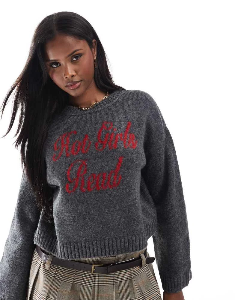 ASOS ASOS DESIGN knitted hot girls read slogan jumper in charcoal 1