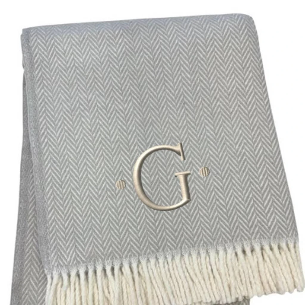 Hivvago 55" X 70" Gray And White Herringbone Cotton Blend G Initial Throw Blanket with Tassels And Embroidery 4
