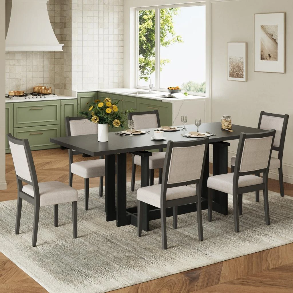 Streamdale Furniture Streamdale Rustic 82" Extendable Dining Table Set with 6 Upholstered Chairs, Grey+Beige 2