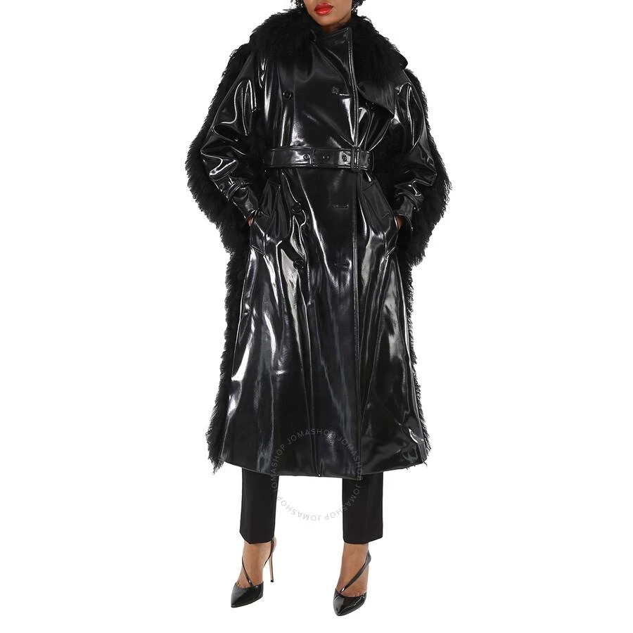 Burberry Ladies Black Shearling Trim Plastic Trench Coat 1