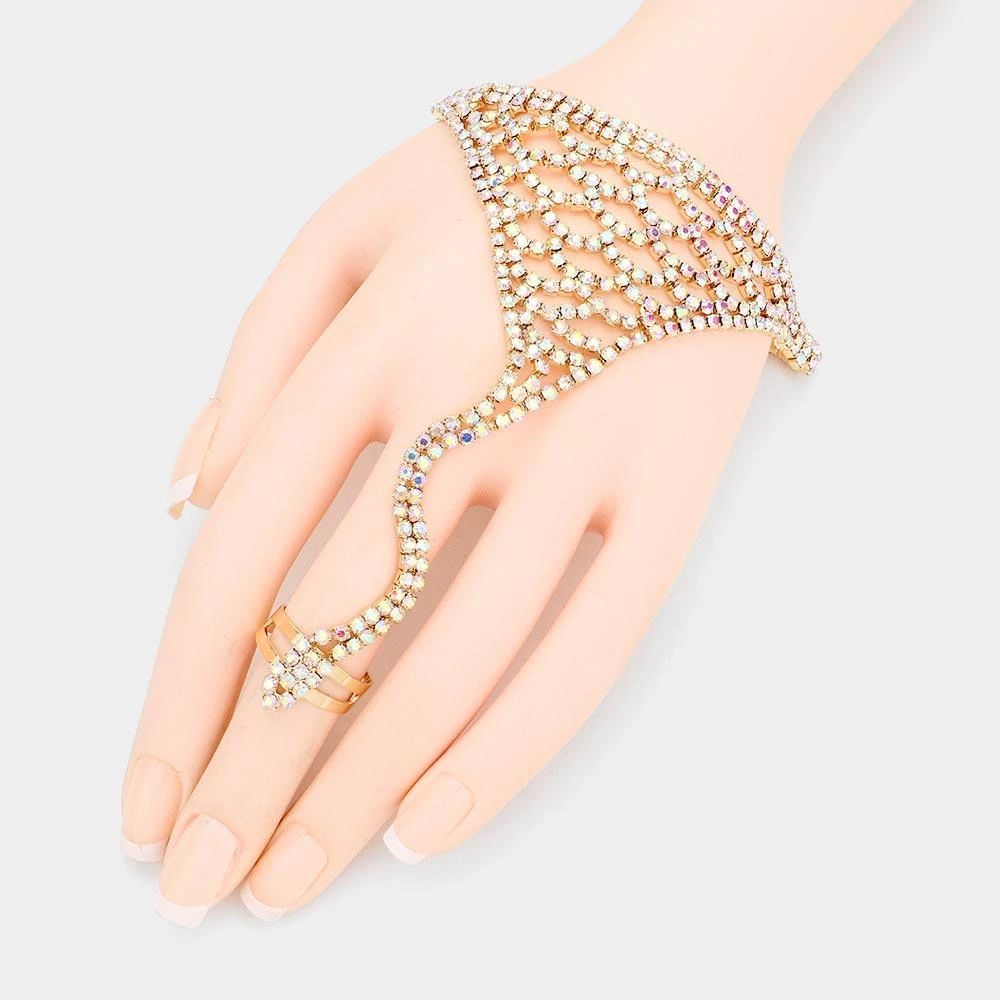 FASHNZFAB Crystal Rhinestone Accented Hand Chain Evening Bracelet