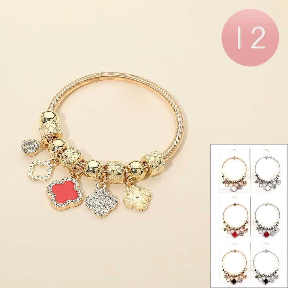 FASHNZFAB 12PCS - Quatrefoil Charm Beaded Stretch Bracelets