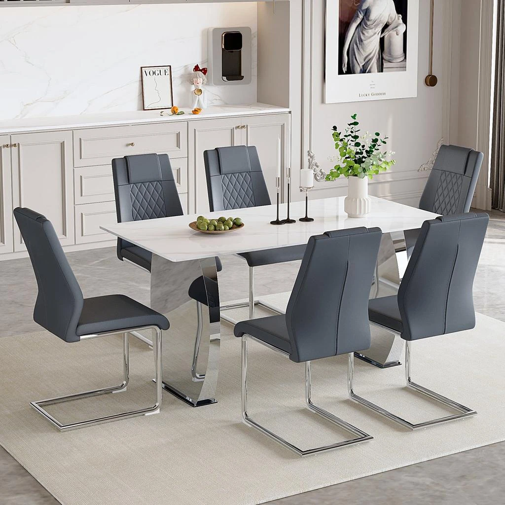 Streamdale Furniture Streamdale Snow Mountain Dining Set 63" Sintered Stone Table and 6 PU Chairs 5