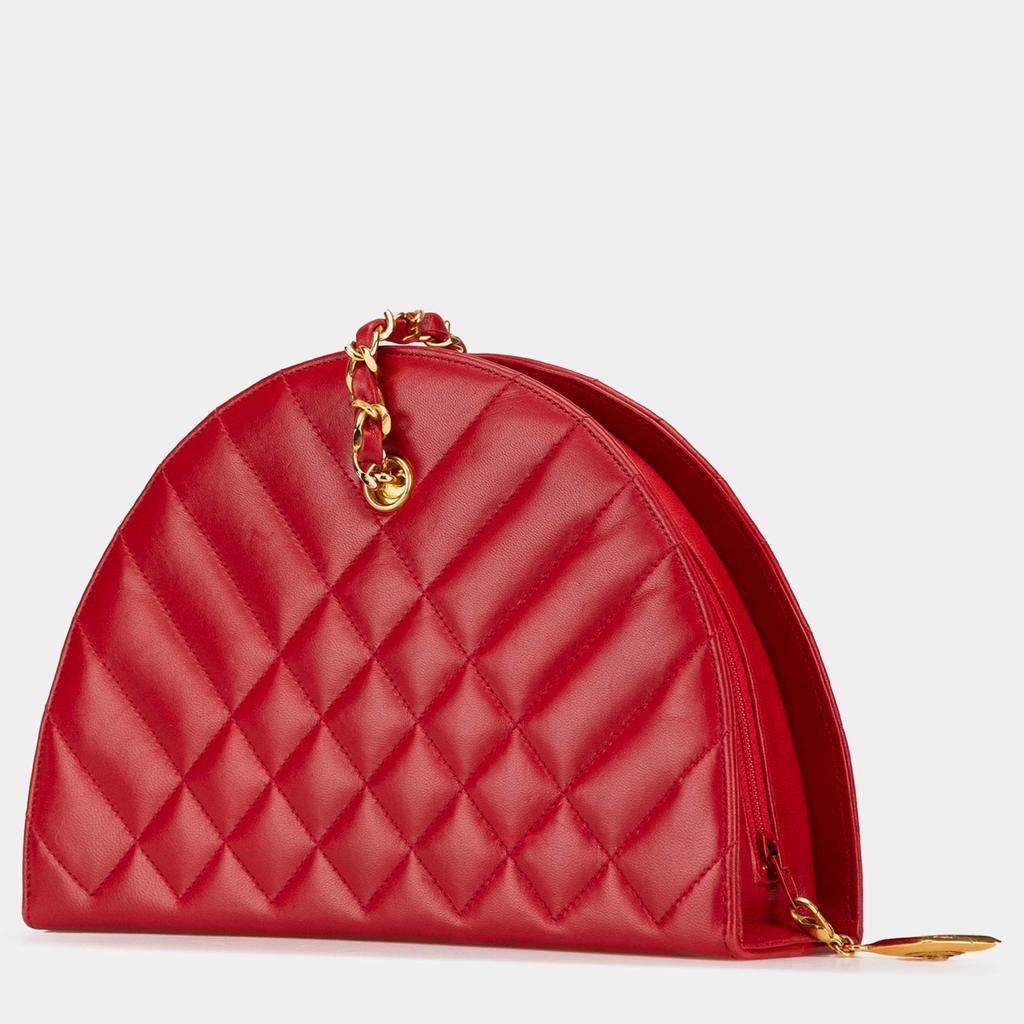 Chanel Chanel Red Quilted Lambskin Half Moon Chain Shoulder Bag