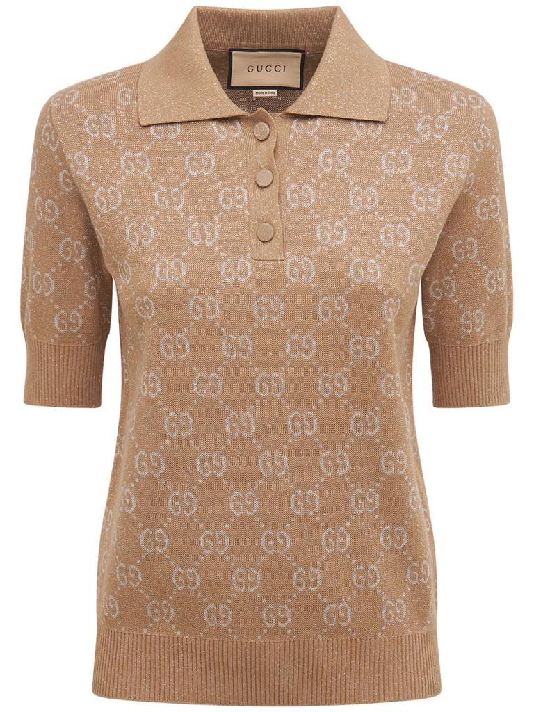 Gucci Cotton Jacquard Lamé Logo Knit Polo Top