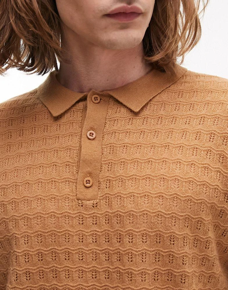 Topman Topman textured knitted long sleeve polo in brown 3