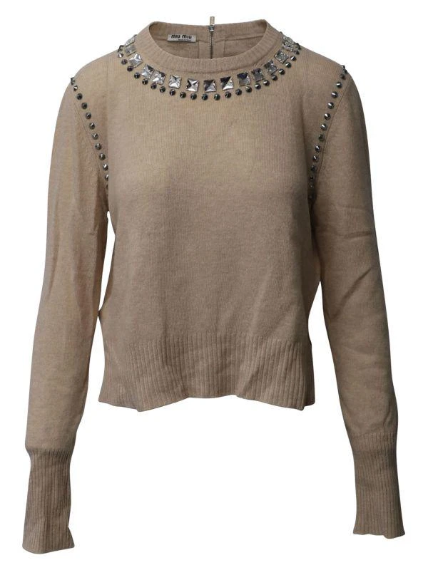 Miu Miu Miu Miu Embellished Long Sleeve Sweater In Brown Wool 1